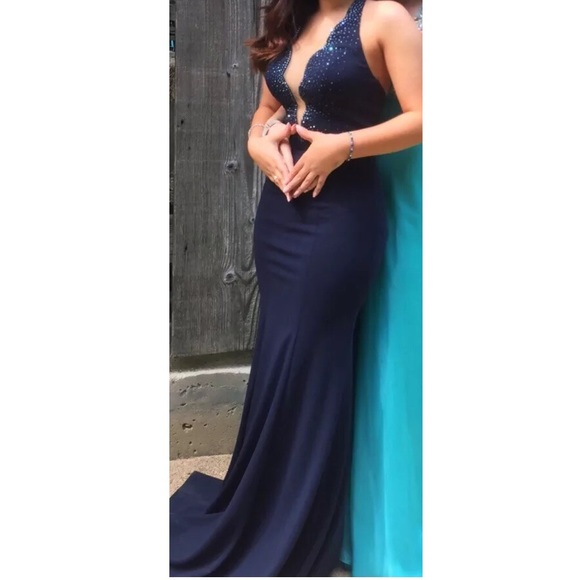 Deep V Navy Blue Prom Dress - Picture 3 of 7