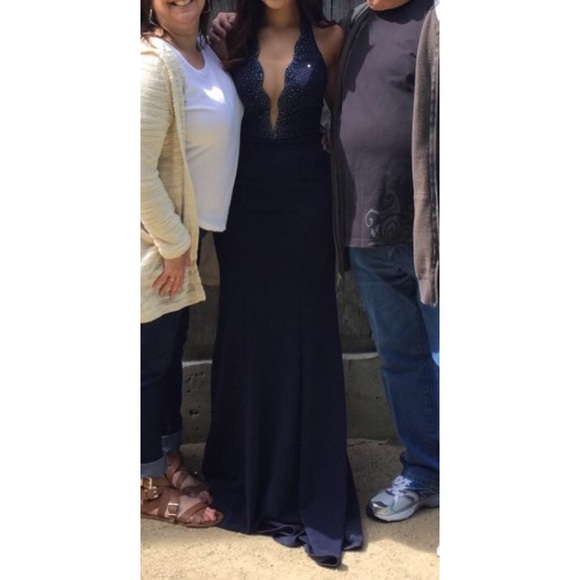 Deep V Navy Blue Prom Dress - Picture 6 of 7