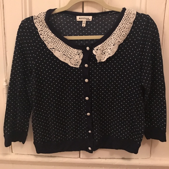 Polka dot cardigan with crochet Peter Pan collar