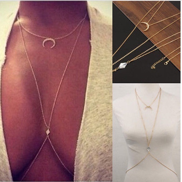 Gold body Chain with Moon  & Crystal - Picture 2 of 4
