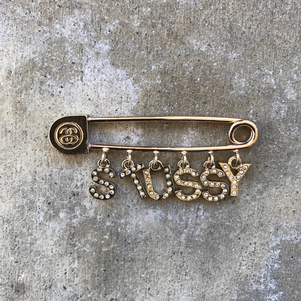 Stussy Initial Bling Safety Pin Gold