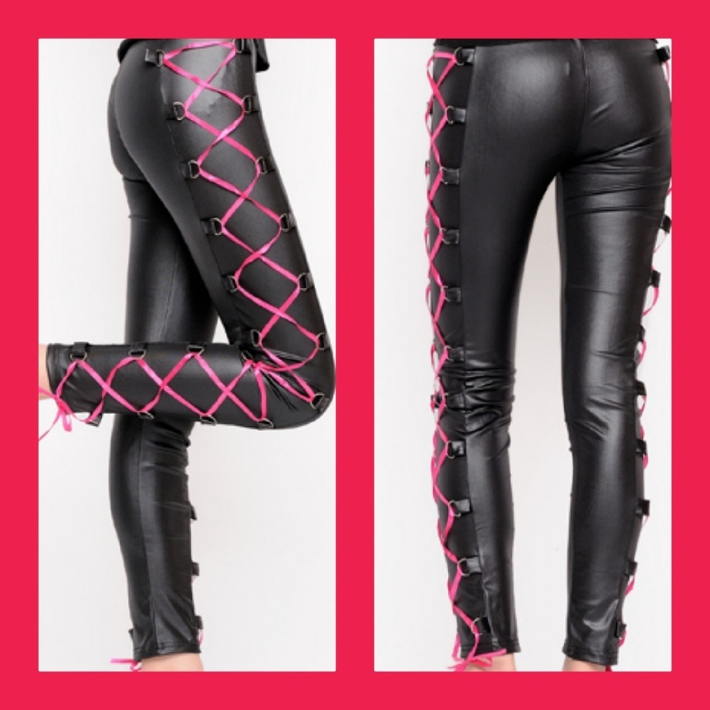 Corset leggings with hot pink ribbon