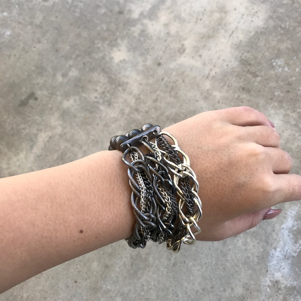Chain and Beaded Gunmetal Silver Stretch Bracelet