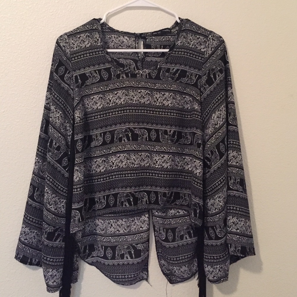 Black and white elephant top with fringe