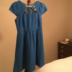 Blue aline dress with geometric cutout neck line