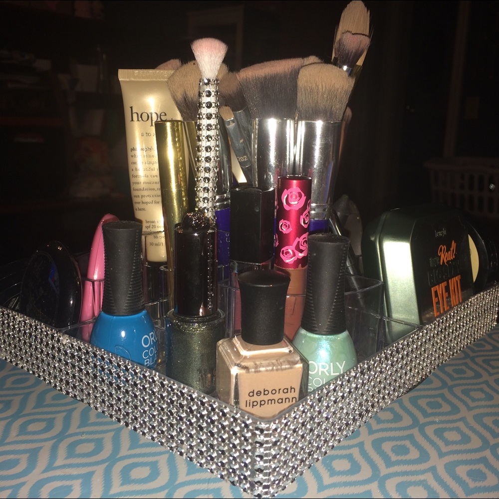 Large acrylic and glass spinning makeup organizer