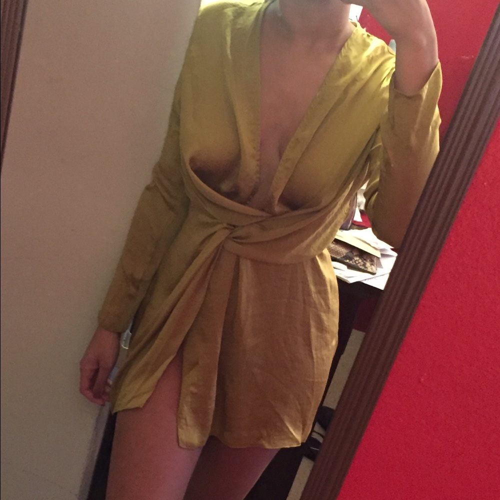Olive Plunge high slit dress