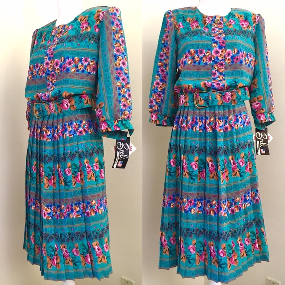 Vintage Dresses & Skirts - Vintage Turquoise Floral Secretary Dress, size 12.