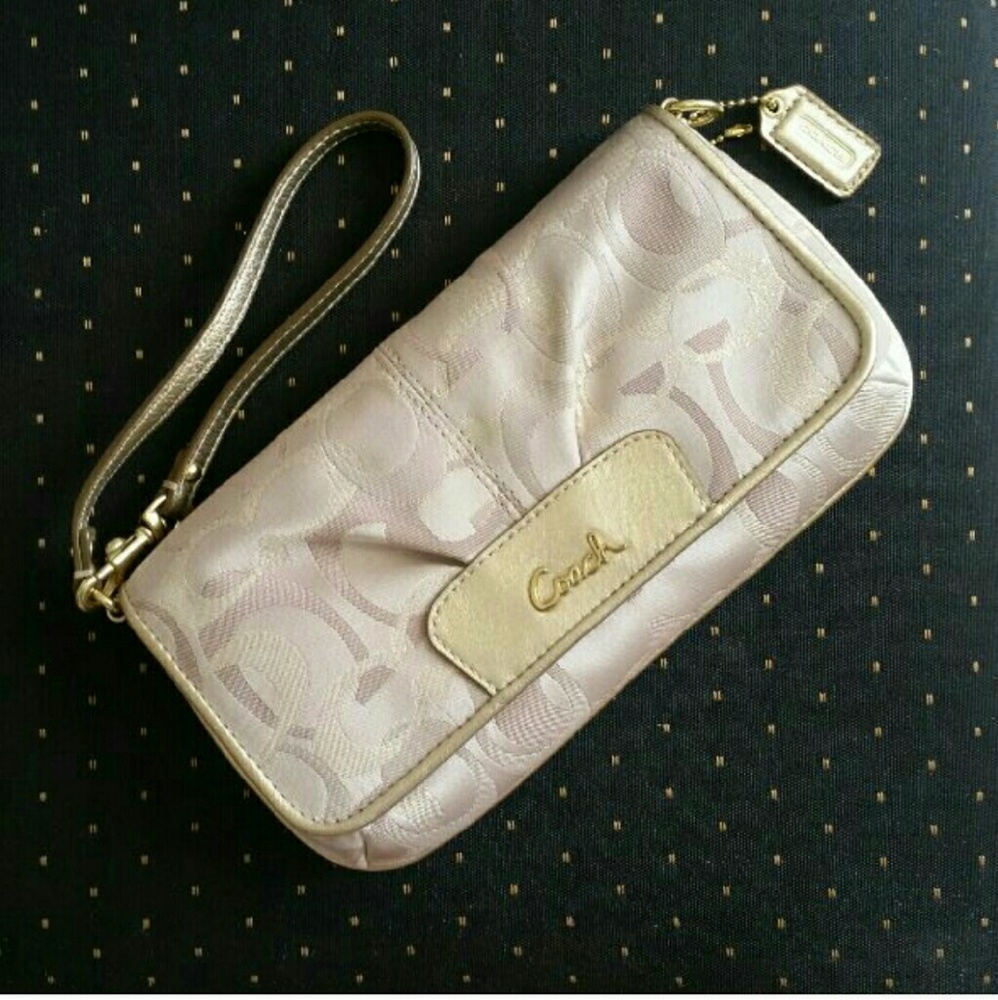 Coach Metallic Gold and Tan Large Clutch Wristlet