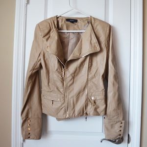 Taupe pleather vegan moto bomber jacket