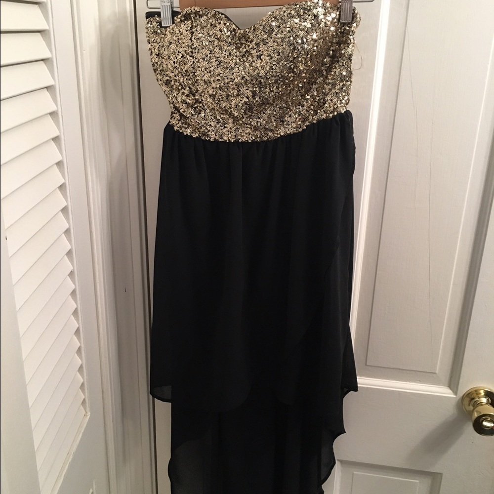 Strapless Sequin and black high low cocktail dress