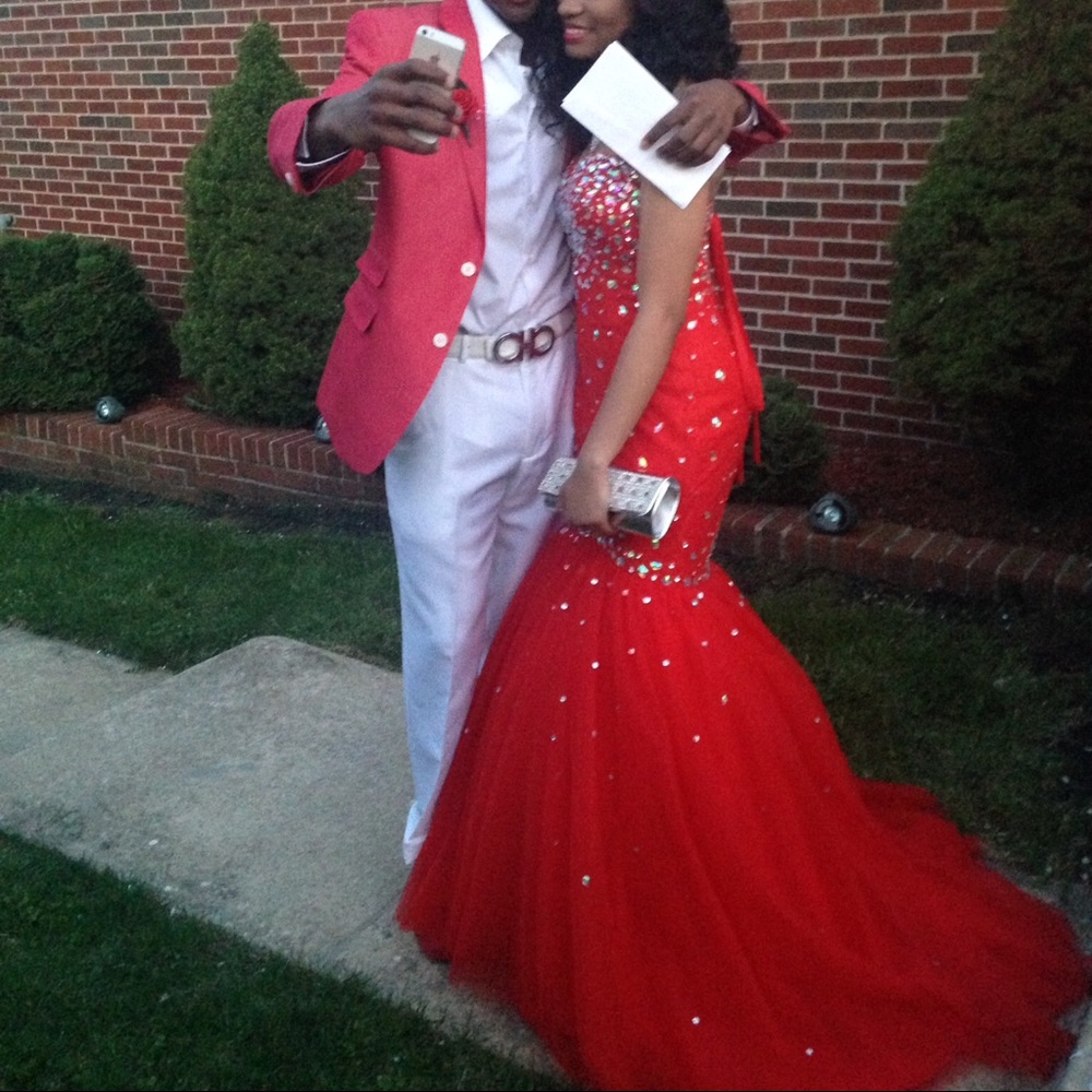 Red long prom dress with sliver rhinestones