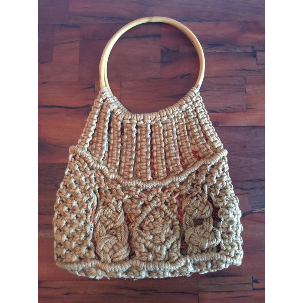 Vintage 1970s Macramé Boho Bag with Wood Handles