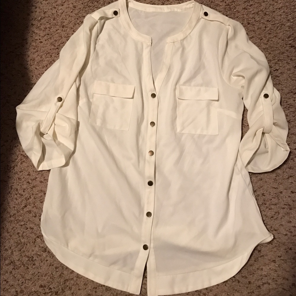 Cream button down with flap front pockets