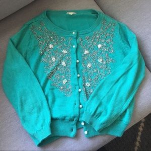Forever 21 Teal Beaded Cardigan Sweater S Small