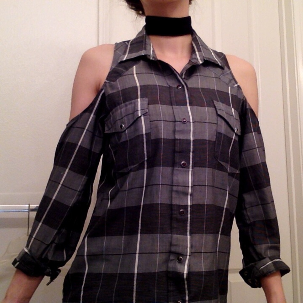 Urban Outfitters Black Plaid Cold Shoulder Blouse