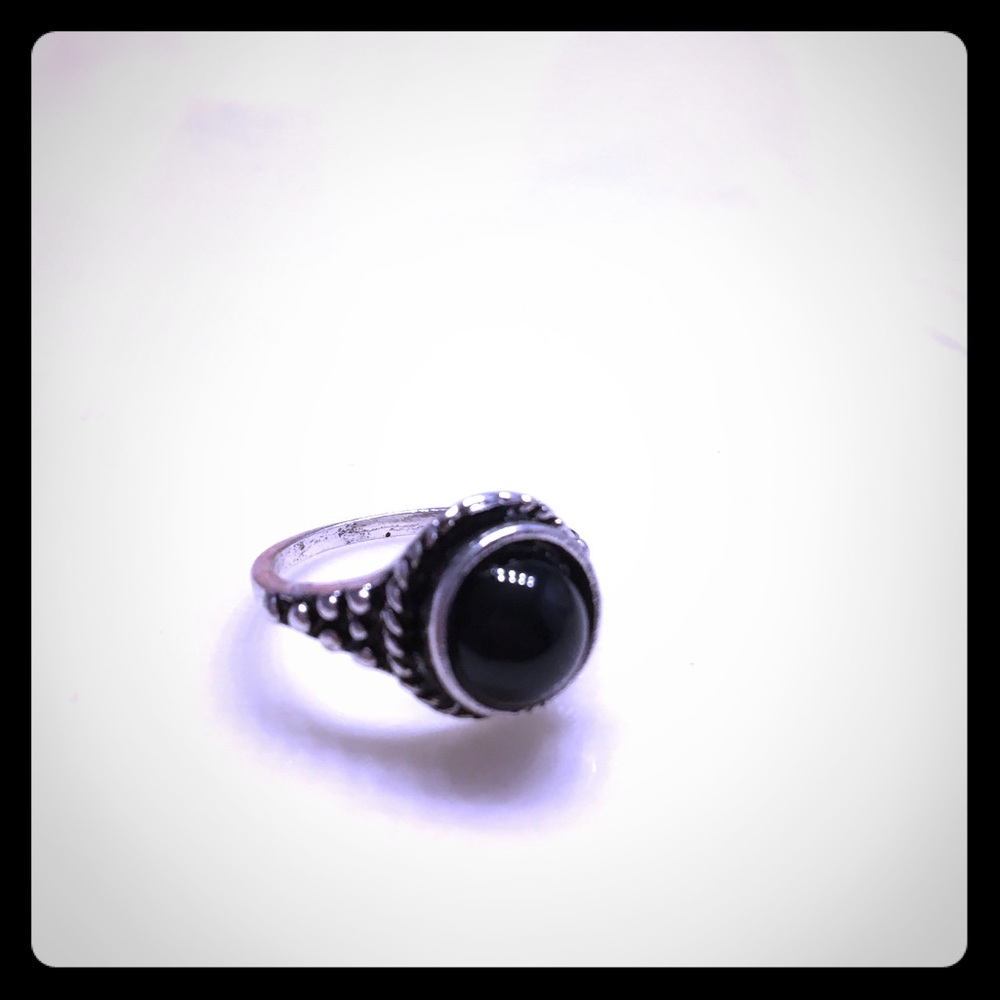 Silver and black round boho ring
