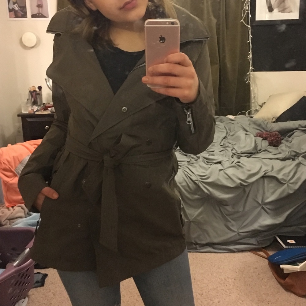 Helly Hansen green trench coat with hood.