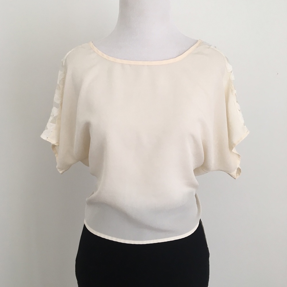 Sheer ivory tee with floral lace sleeves & insert
