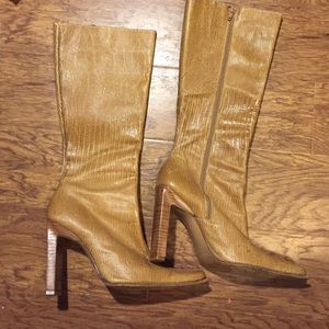 BEBE Knee High Reptile Leather Tan Side Zip Boots