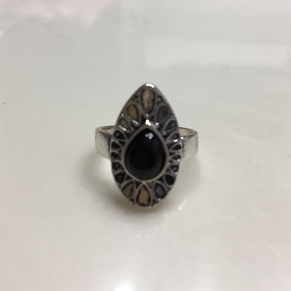 Silver and black teardrop boho ring.
