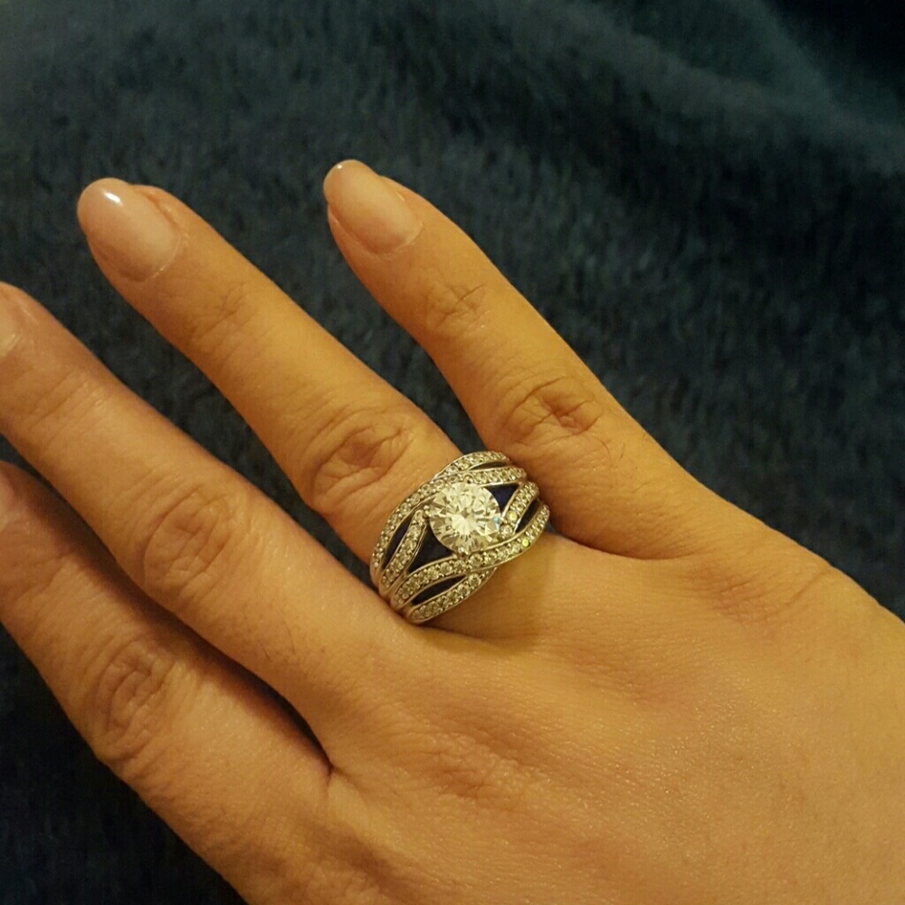 Costume Diamond Ring with Blue Enamel Underneath