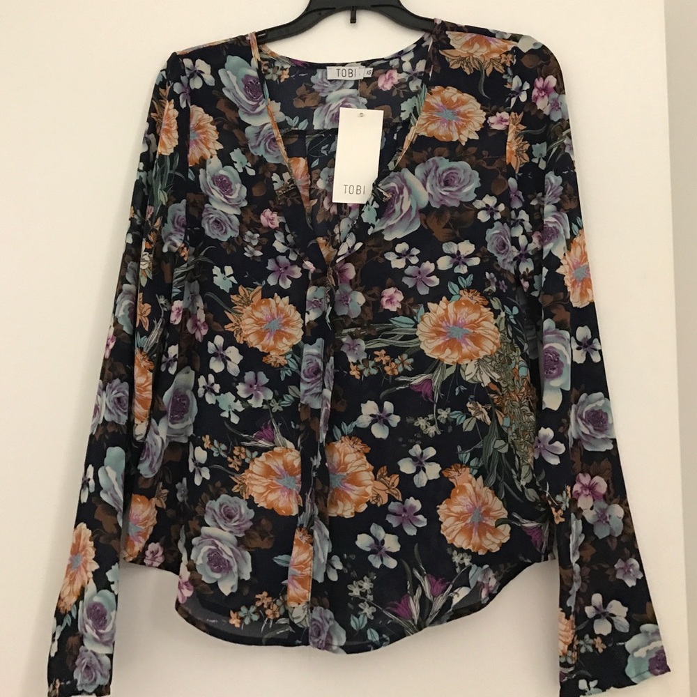 Sheer floral print long sleeve blouse