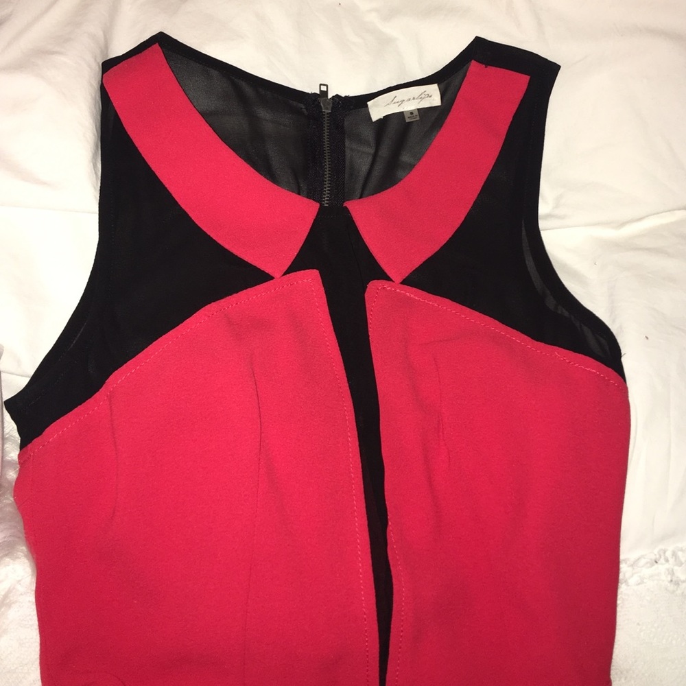 Worn once, dress with black mesh and coral