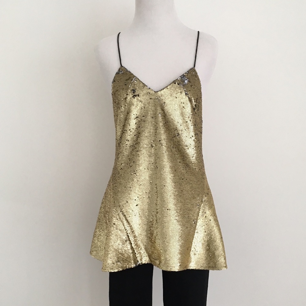 NWT gold sequin peplum tunic w spaghetti straps