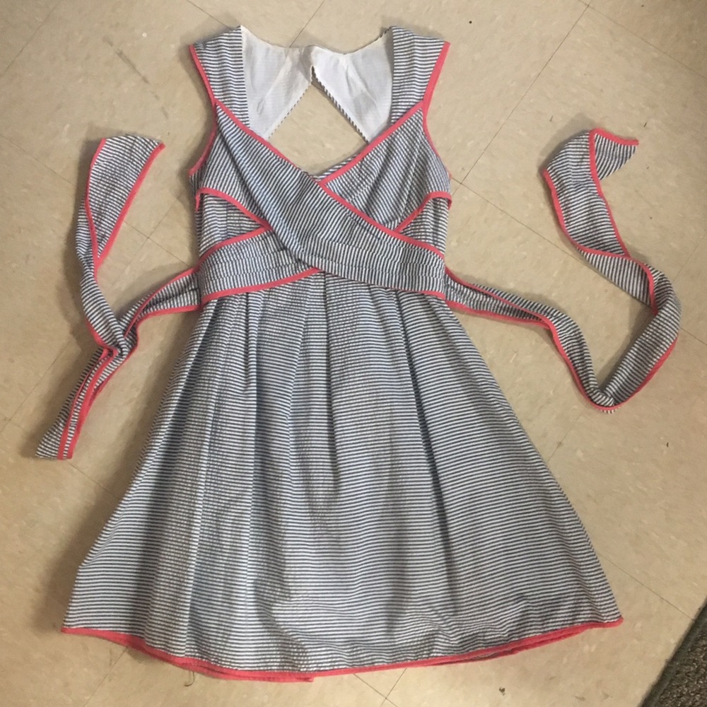 Seersucker Grey and Coral Dress