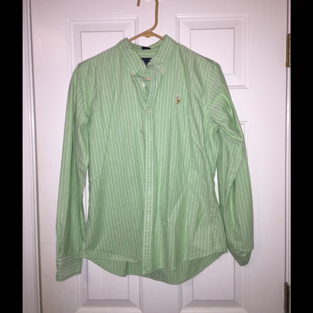 Button down green striped slim fit polo