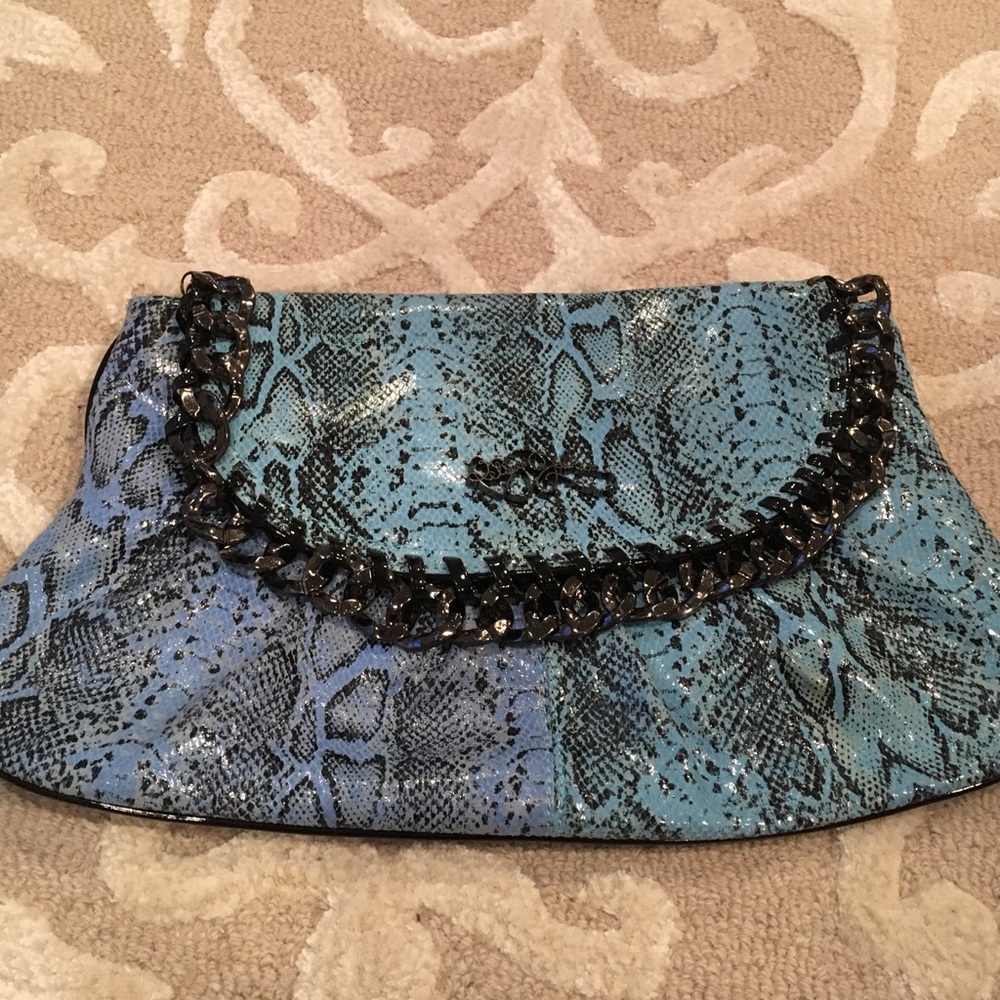 Betsy Johnson blue snake clutch handbag