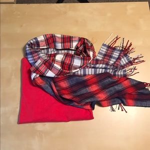 Red boatneck sweater and plaid scarf