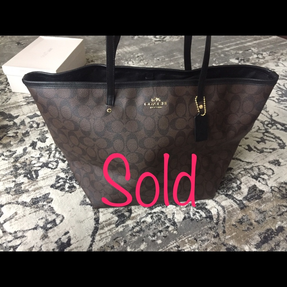 Coach Large Brown Signature Tote with Leather Trim
