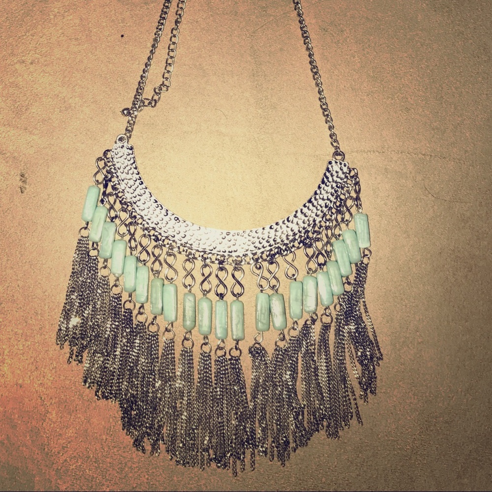 Silver and blue bead bib necklace