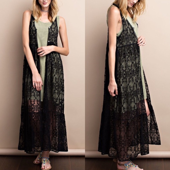 All Over Lace Maxi Cardigan- BLACK - Picture 2 of 4