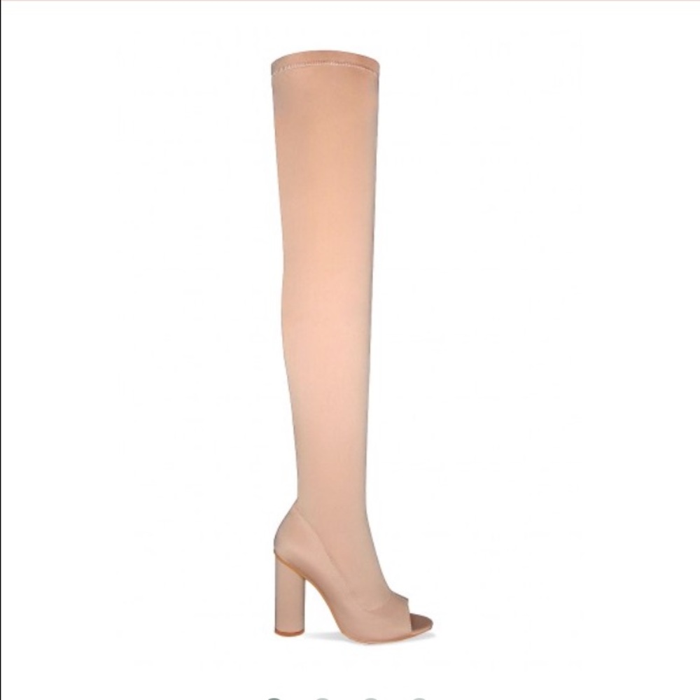 Nude thigh high Lycra sock boots. Yeezy inspired