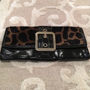 Ann Taylor patent and animal print fur clutch