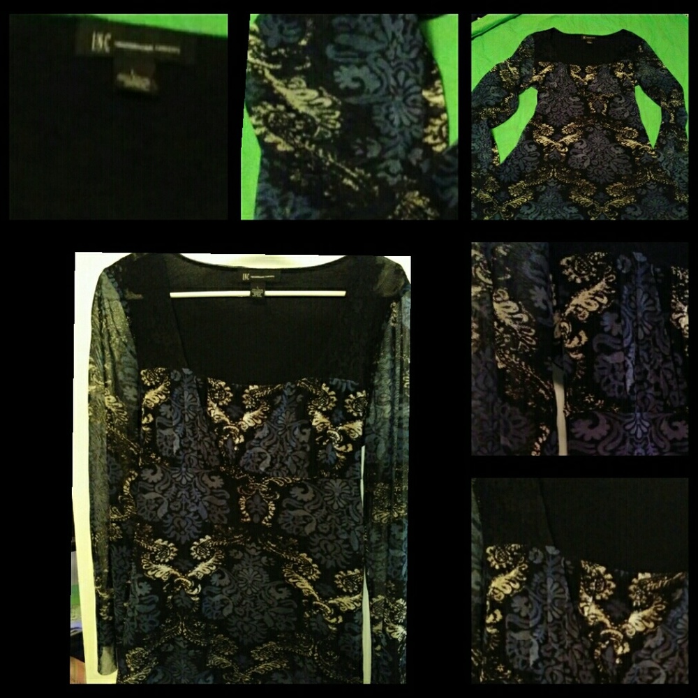 INC fun sheer  lace trimmed lined top empire large