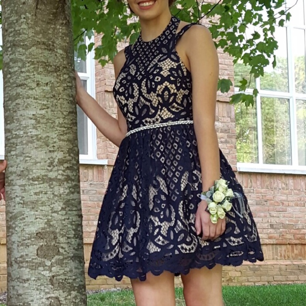 blue & tan lace homecoming/prom dress