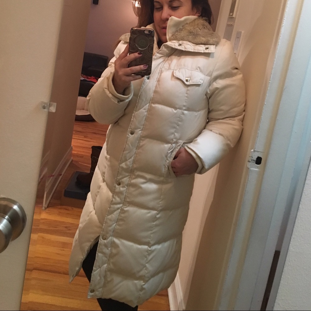 Esprit Long down coat with a fake fur collar.