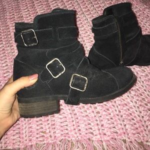black UGG, leather material boots