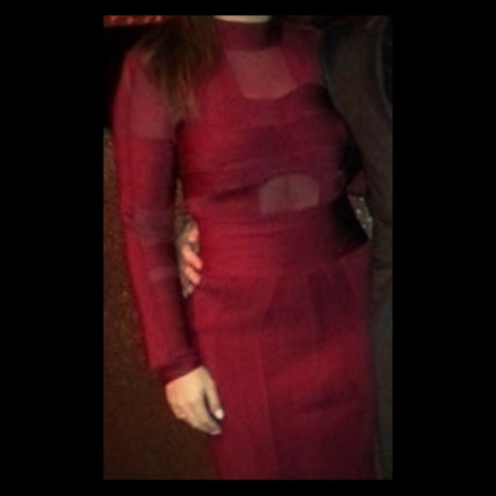 House of CB wine maiko bandage and mesh dress