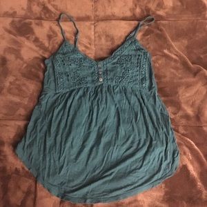 Teal tank top with crochet and button details