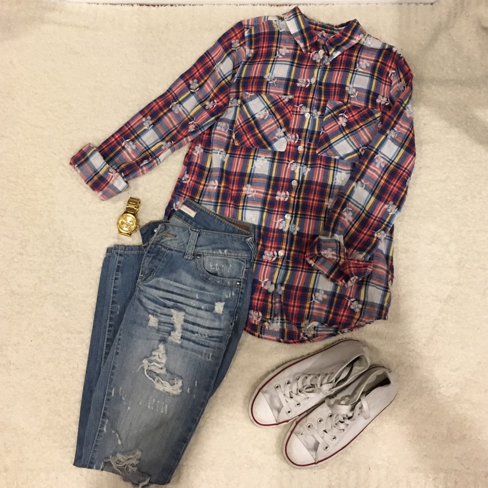 ASOS flannel button down with embroidered flowers