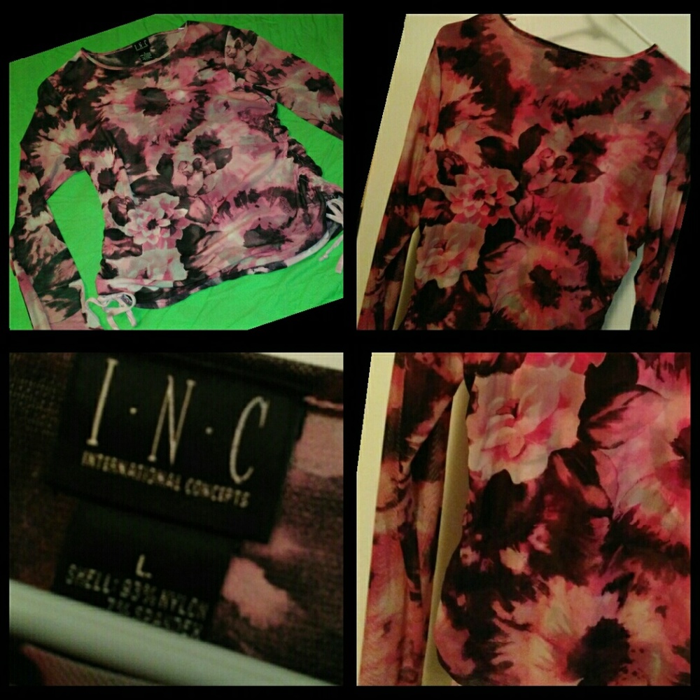 INC cinch side top pinks black two layered sheer L