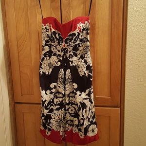 Red/black/white strapless silk cocktail dress