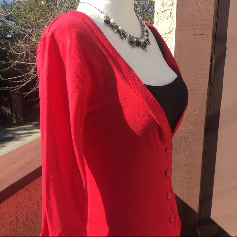 Red cardigan, thin knit fabric