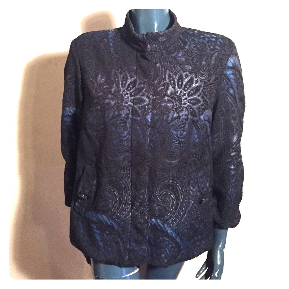 CHICO'S Sz 2 Black & Blue Knit Paisley Jacket