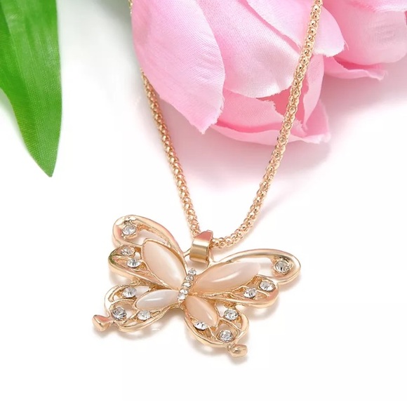 New Rose Gold & Opal Butterfly Pendant & Necklace - Picture 2 of 4